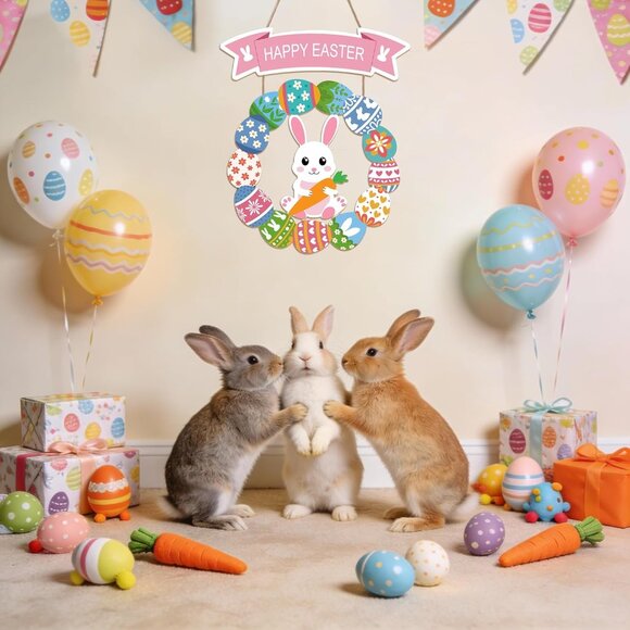 Wooden Hanging Bunny Egg Wreath - Picture 5 of 6